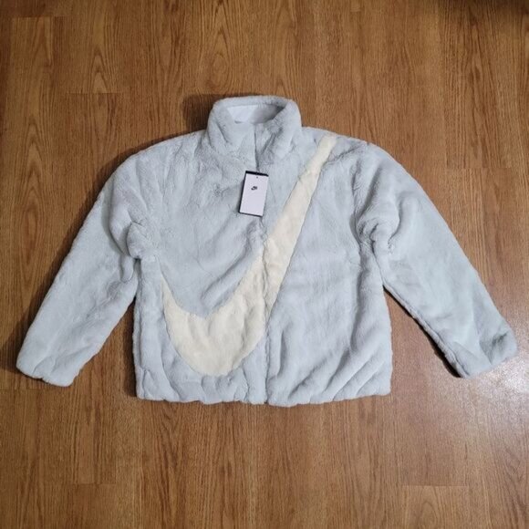 Nike Sportswear Faux Fur Swoosh Jacket Photon Dust Grey Giant Logo Dunk Low S - Picture 2 of 10
